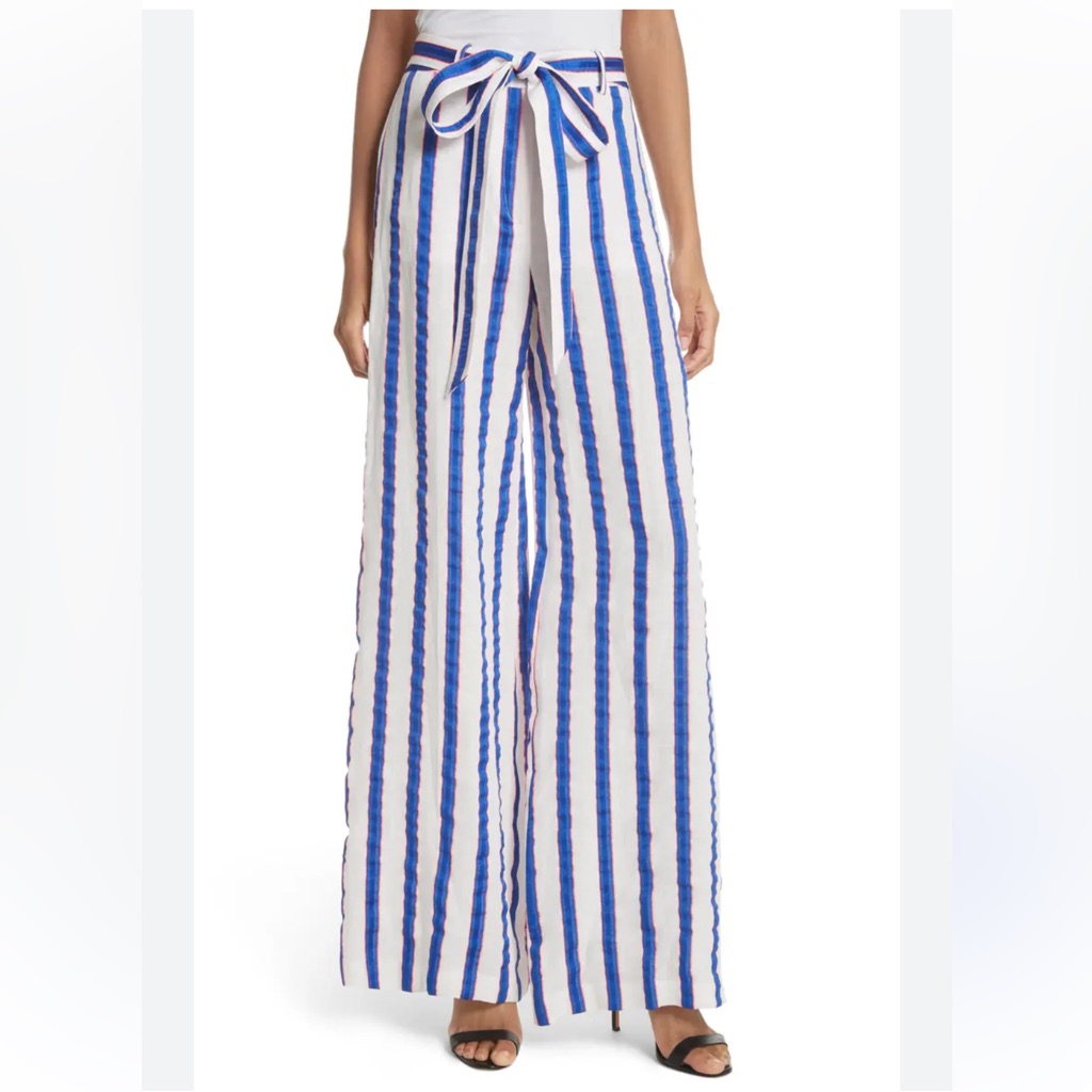 Milly Belted Sia Trouser Washed Linen Blend Pants Blue Pink White Stripe Sz 2